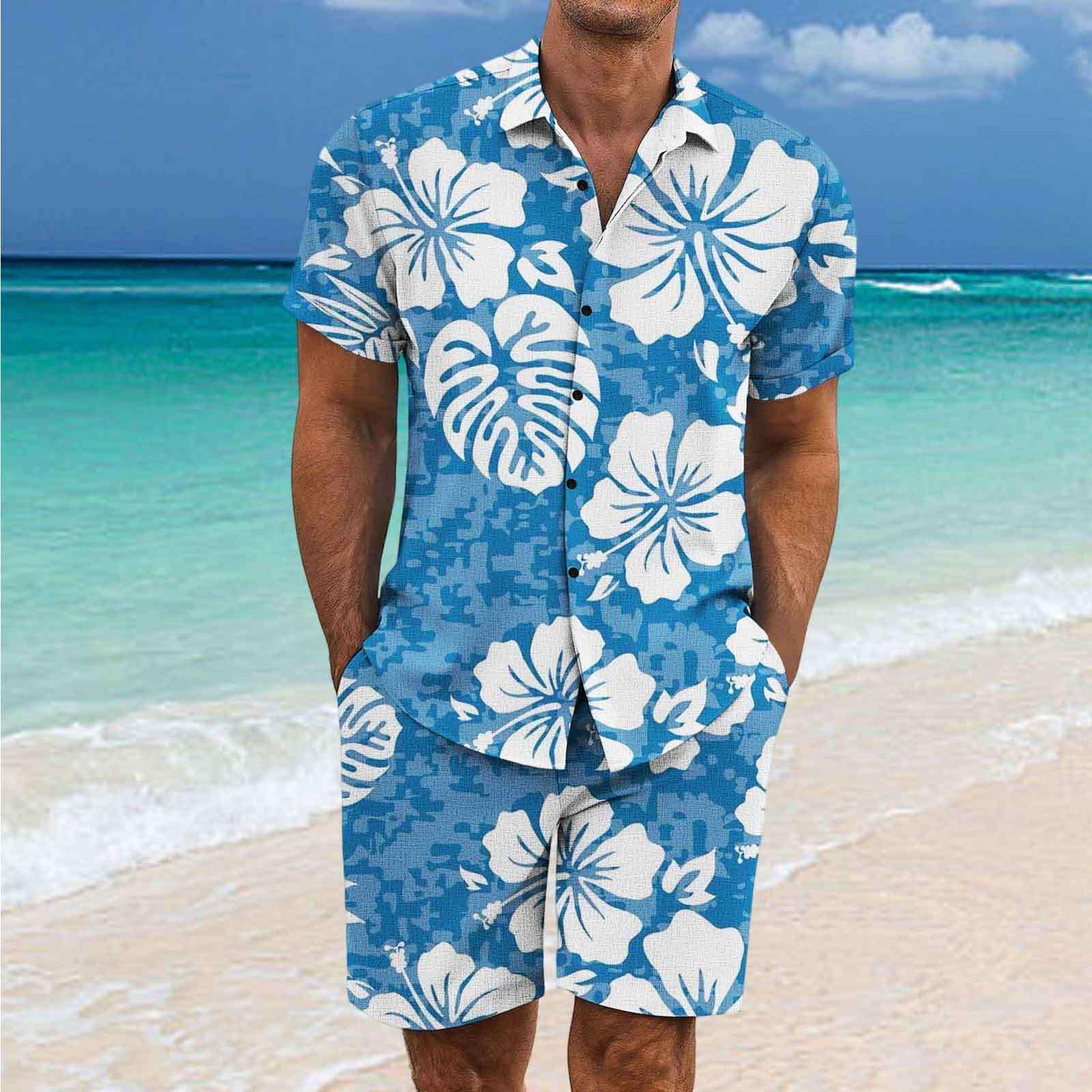 Tuta Completo Uomo da Viaggio Estivo 2 Pezzi - Set Camicia e Short Hawaiano Stampa Abbigliamento Leggero Tuta Sportivo Estiva Elegante Traspirante per Vacanze e Tempo