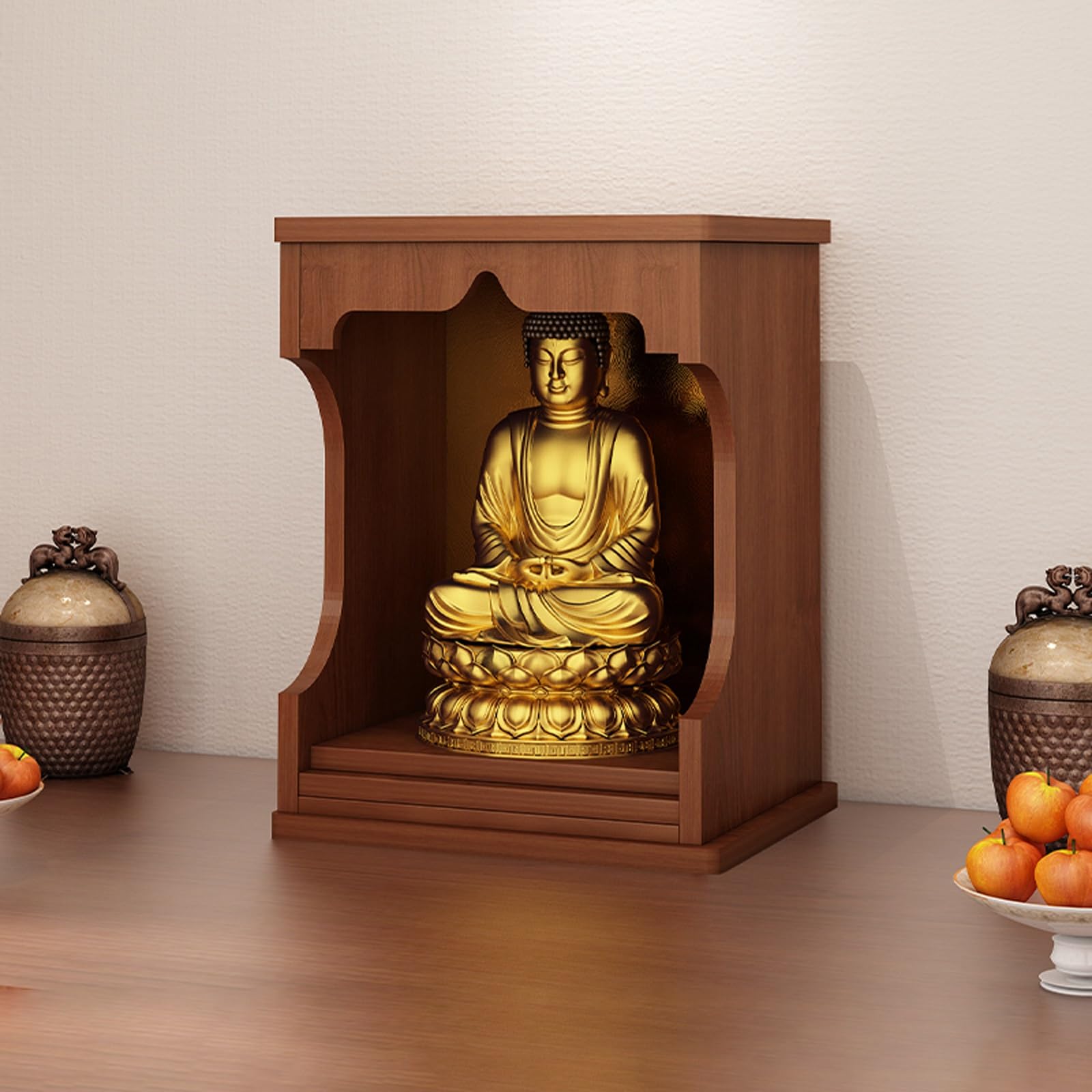 JNTFNE Wall-Mounted Statue Stand Shrine Altar Table, shelf,Household Wood Buddha Cabinet Niche with Drawer Buddhist Offering for Pooja and Incense Tribute(Reddish brown,Small)