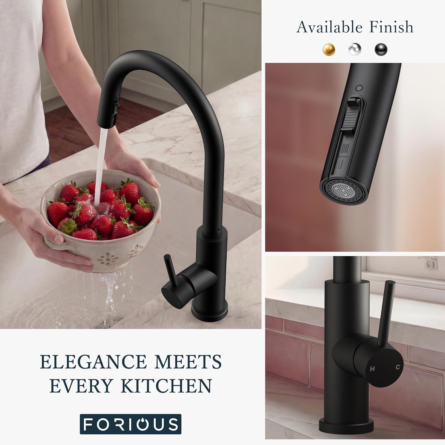FORIOUS Kitchen Faucets with Pull Down Sprayer, Black Single Handle Stainless Steel High Arc Kitchen Sink Faucet with Deck Plate, Transitional Single Hole Faucet for Bar RV Outdoor Laundry Farmhouse