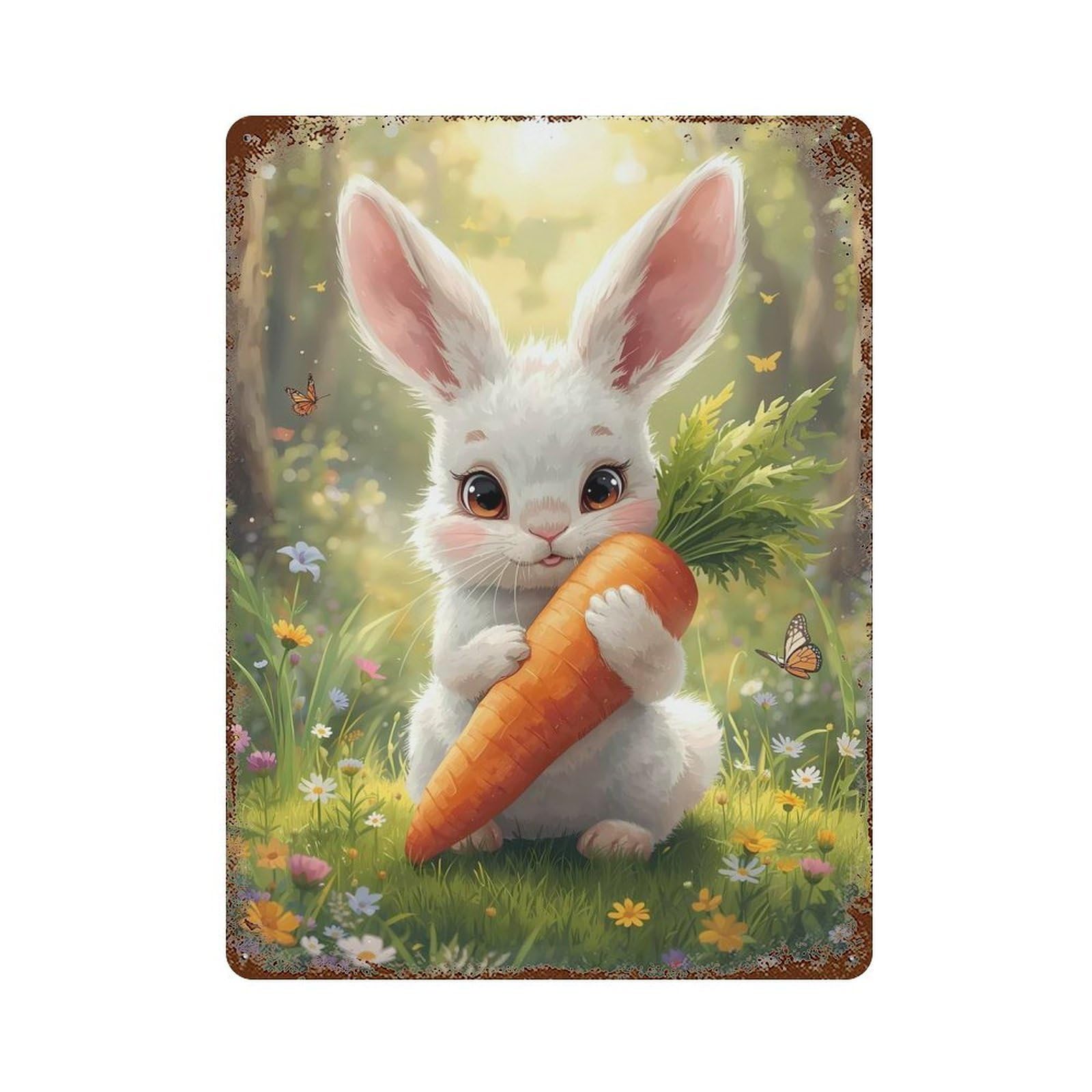 Cute Bunny with Carrot in Meadow Rust Effect Tin Sign 15.7"x11.8", Decorative Metal Wall Art for Living Room, Hallway And Home Decor