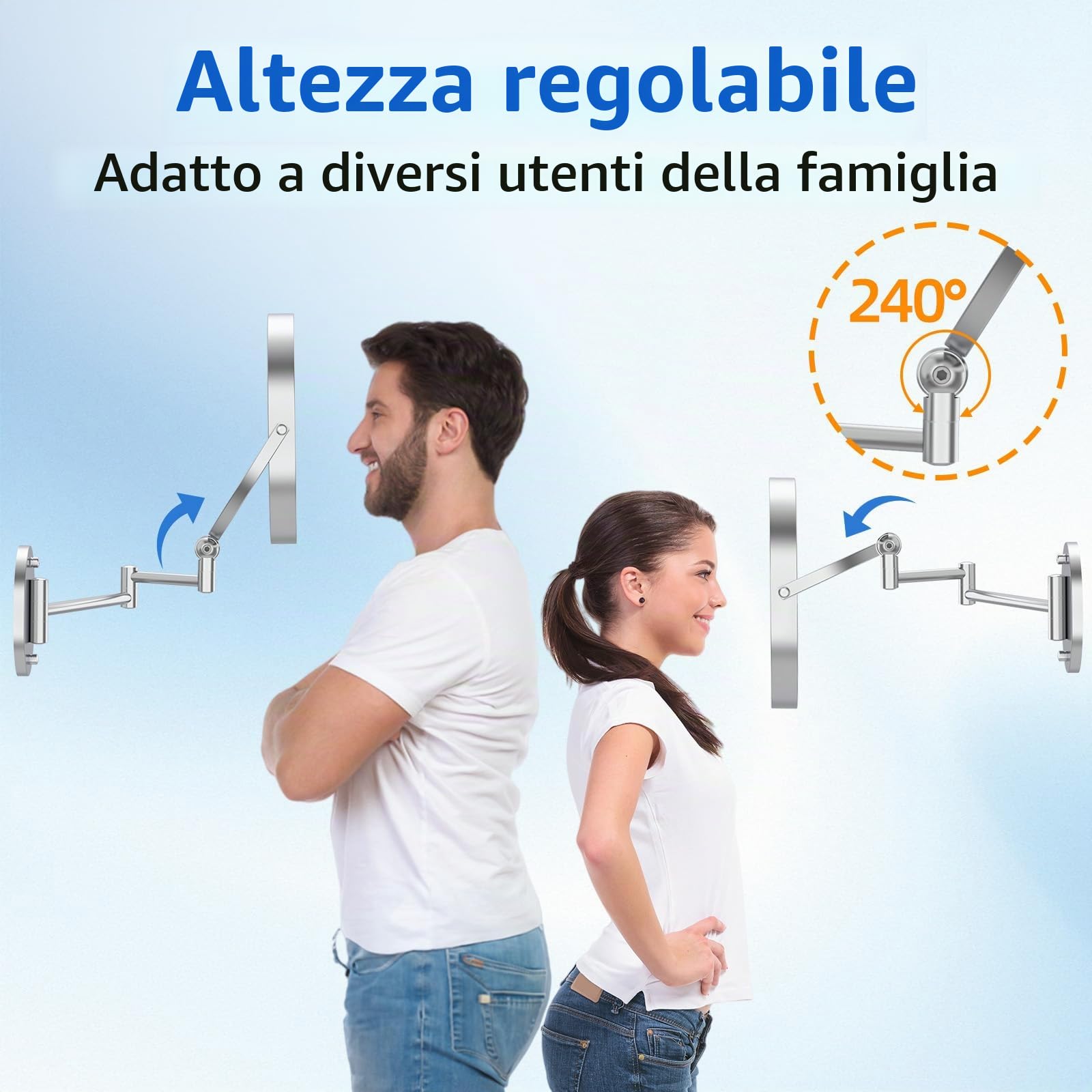 FUNTOUCH Specchio cosmetico ricaricabile da 5000 mAh con ingrandimento 1X/ 20X, specchio da barba dimmerabile, 3 colori, touch screen LED, girevole a 360°, specchio da parete per bagno e hotel