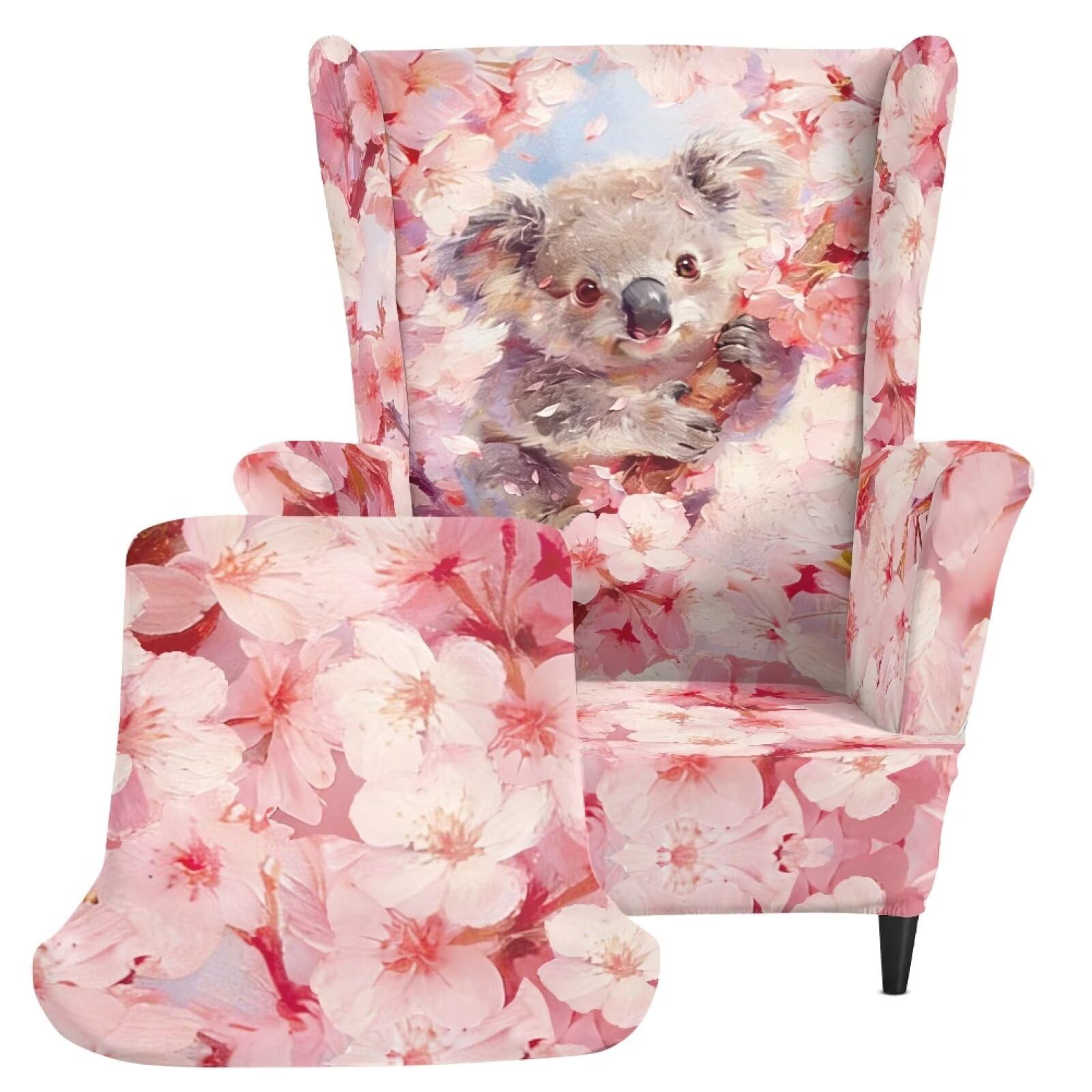 Xoenoiee Koala - Funda para silla con respaldo de alas con estampado de flores de cerezo, 2 piezas, fundas para sillón con parte inferior elástica, protector antideslizante para muebles para sala de