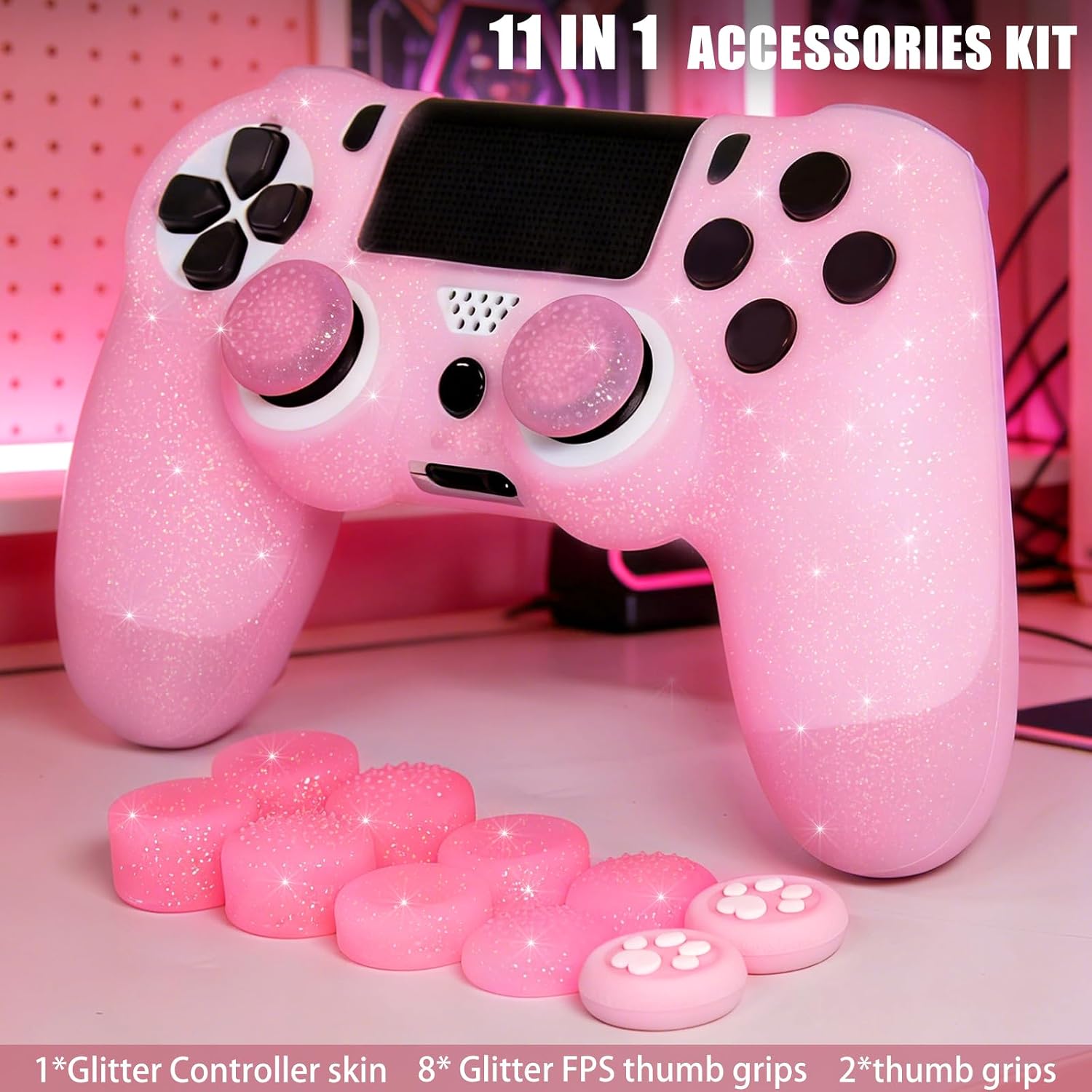 Pink Glitter Anti-Slip Protective Silicone Cover Skin Grips Compatible with PS4/Slim/Pro Controller,8 PCS Glitter Thumb Grips Caps and 2 Grips Caps. (Glitter Pink) 6 71ojp2wPK4L. SL1500