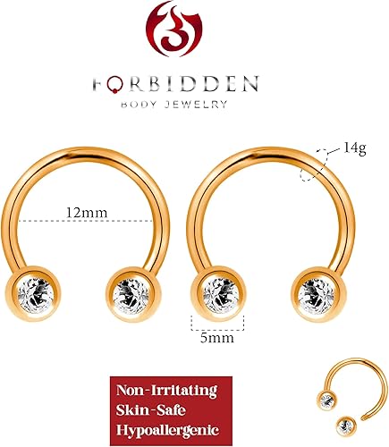Miniatura 2 de Forbidden Body Jewelry Anillos de herradura de acero quirúrgico de 14G y 0.472 in con circonita cúbica para pezón, se venden en pares