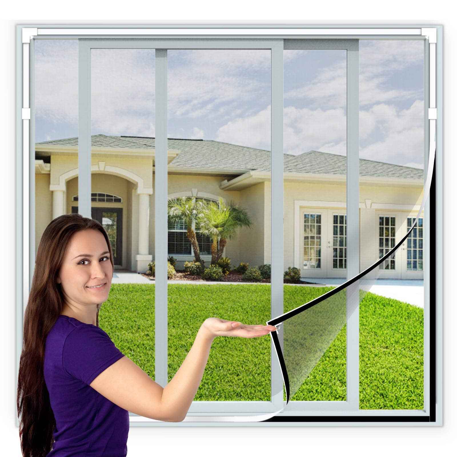 Fly Screens for Windows - Magnetic Fly Screen Adjustable DIY Max 150x130cm Fiberglass Screen Mesh Fits Any Size Smaller with White Window Frames and Grey Mesh