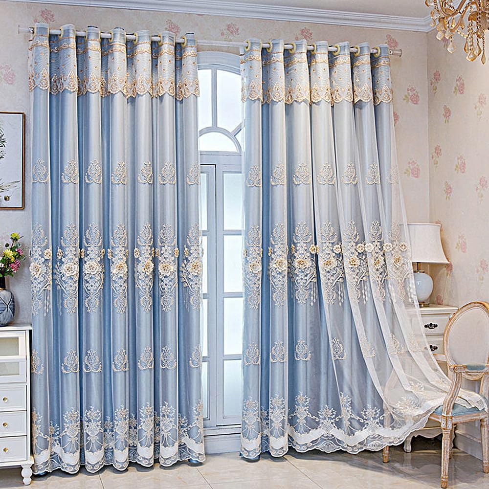 Amidoudou 1 Pair European Double Layer Curtains for Living Room Bedroom 3D Flower Embroidered Double Layered Curtains with Valance (Blue,66 x 90 Inch)