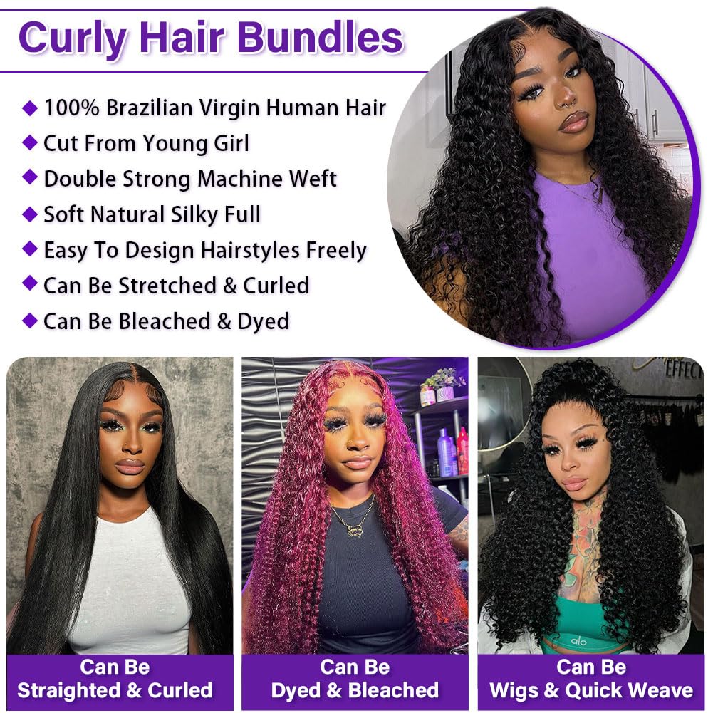 Kinky Curly Bundles Human Hair 18 20 22 Inch 3 Bundles Human Hair 300g 100% Unprocessed Brazilian Virgin Raw Hair Extensions Natural Black Weave Real Human Hair Bundles for Women