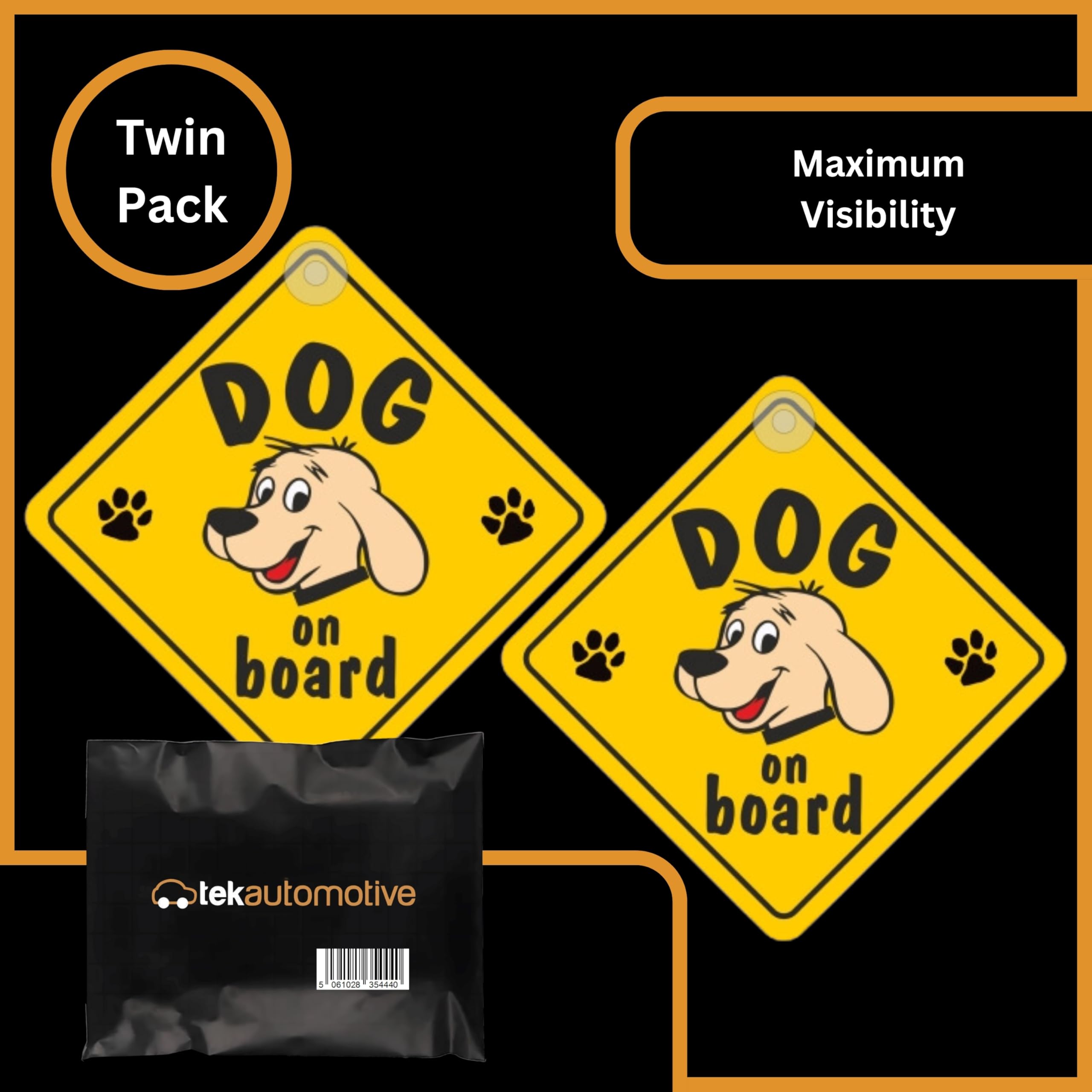 Tek Automotive Panneau de voiture Dog on Board | Lot de 2 | Ventouse de 14 x 14 cm | Autocollant chien jaune très visible