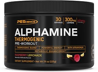 PEScience Alphamine Thermogenic Pre Workout, Fat Burner Pre Workout Energy Powder with L-Carnitine, Raspberry Lemonade, 60 Scoops