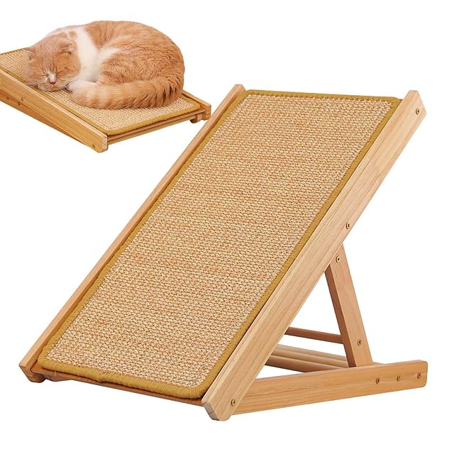 Rascador de Sisal y Rampa Duradera para Gatos de Interior con Cama Ajustable de Tres Alturas Diferentes