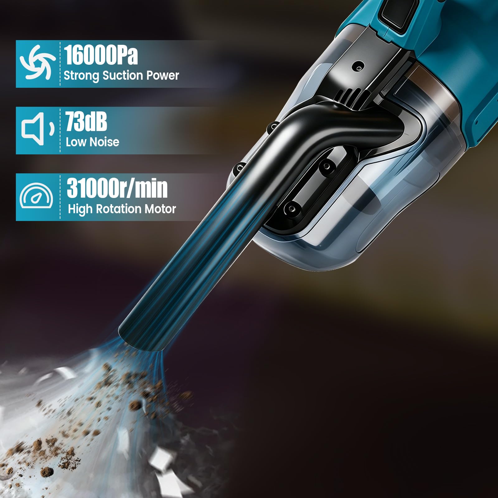 Aspirador de mano inalámbrico compatible con Makita 18 V, 16000 Pa, con 4 boquillas y depósito de polvo de 0,75 litros para suelos duros, alfombras, pelo de mascotas y coches.