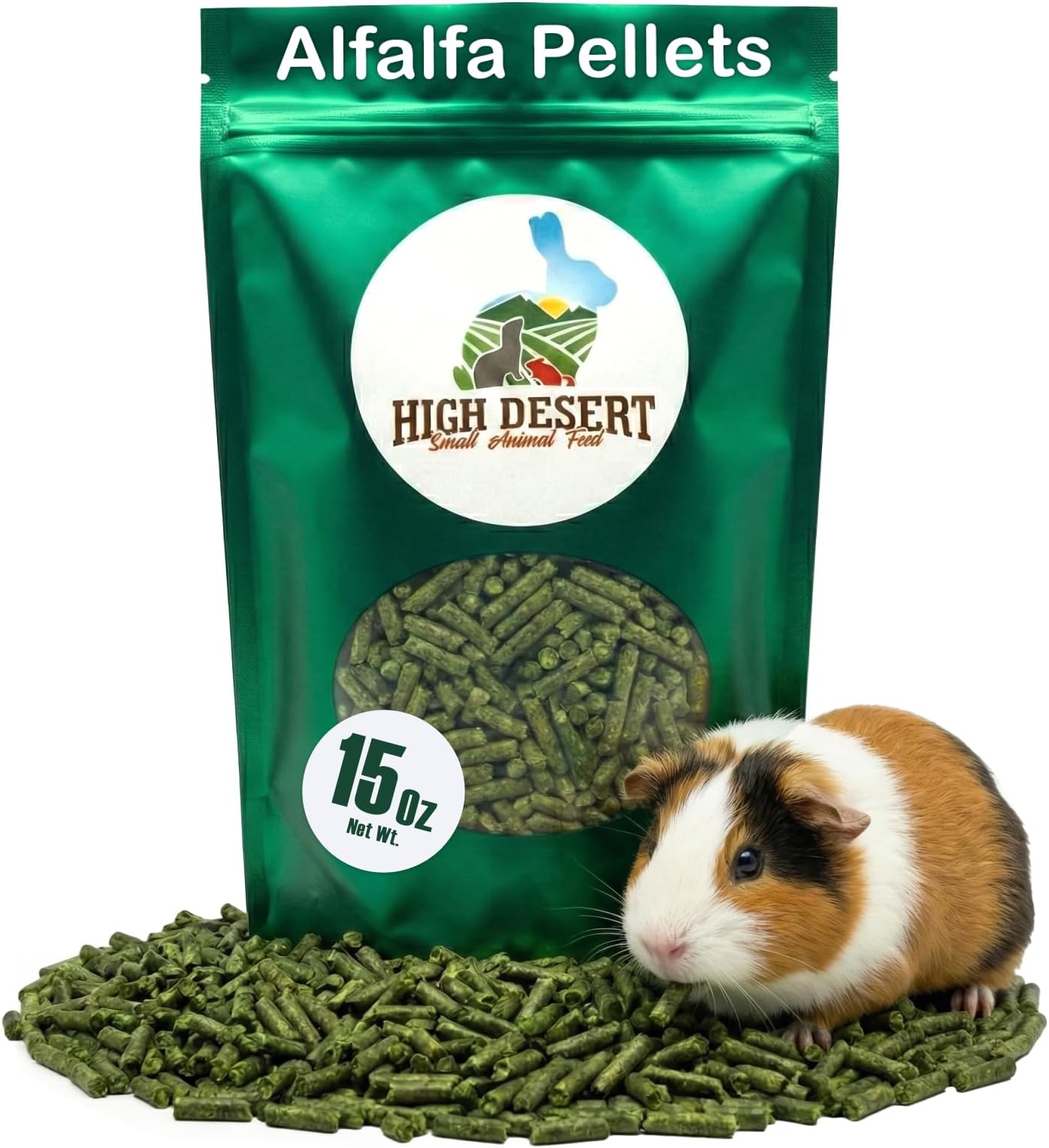 High Desert Delight Alfalfa Pellets, Protein Rich Small Animal Food for Young Rabbits Guinea Pigs and Small Pets, Natural Fiber Alfalfa Hay Pellets for Digestive Health, Fresh Hand Packed 15 oz Bag