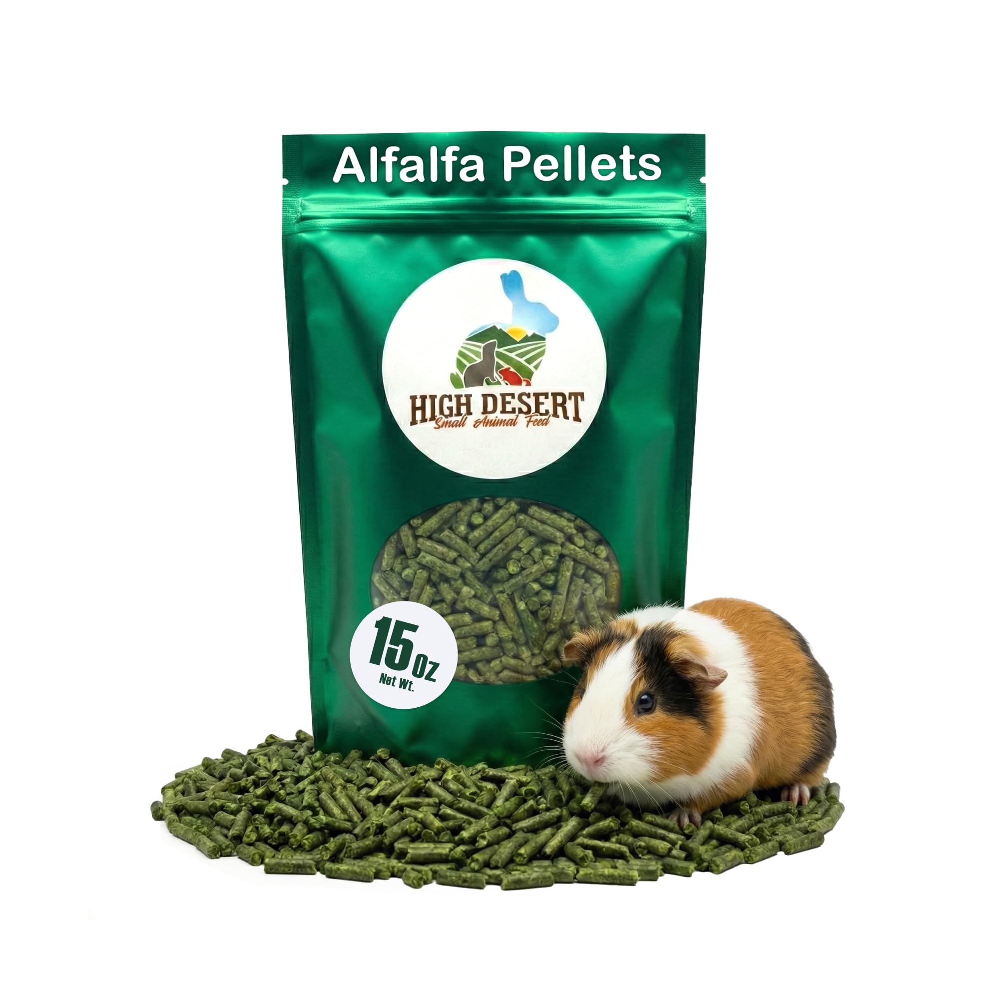High Desert Delight Alfalfa Pellets, Protein Rich Small Animal Food for Young Rabbits Guinea Pigs and Small Pets, Natural Fiber Alfalfa Hay Pellets for Digestive Health, Fresh Hand Packed 15 oz Bag