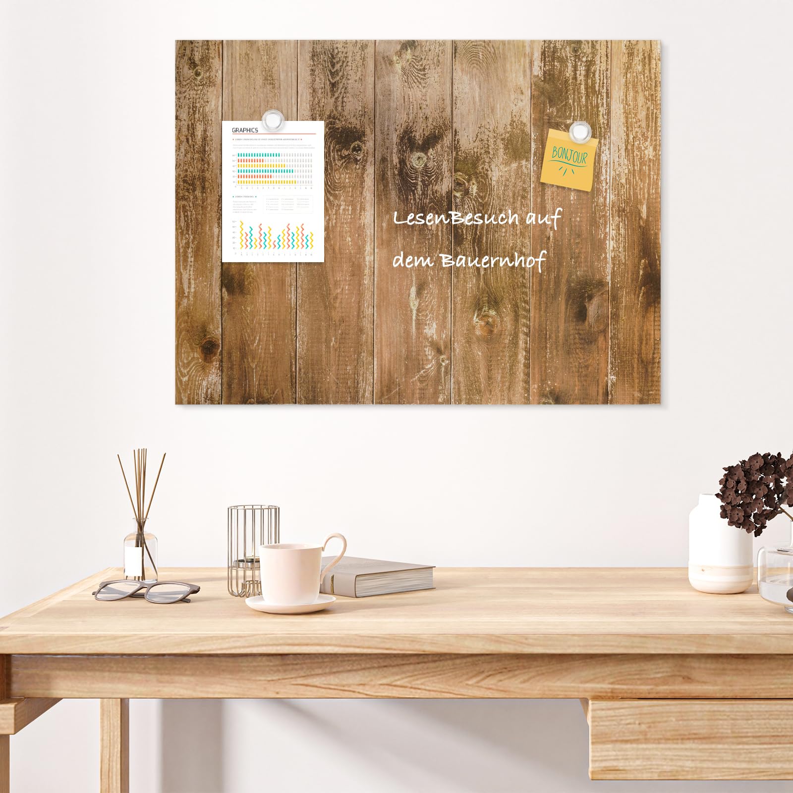 DOLLAR BOSS Tableau blanc magnétique 45x60 cm, tableau mural decoratif | tableau pour magnet, avec 6 aimants 2 stylos, essuyer avec un chiffon humide, planches en bois marron