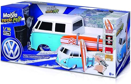 Miniatura 5 de Maisto Tech R/C 1:16 Escala 2.4 GHz VW Tipo 2 Pick-up con tabla de surf, azul con blanco