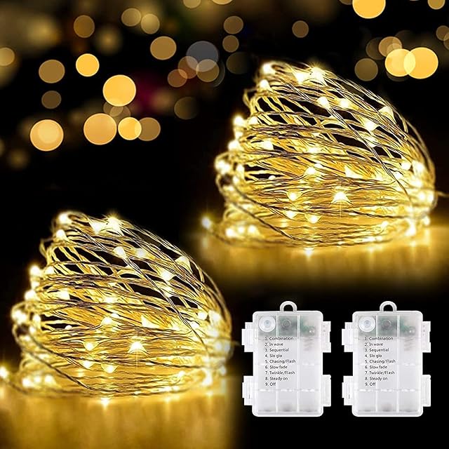 Fairy Lights Battery,2 Pack Each 100 LED Battery Operated String Lights,Waterproof Led Lights Battery Powered 33Ft Copper Wire Fairy Lights for Bedroom,Wedding,Party,Christmas Decoration(Warm White)