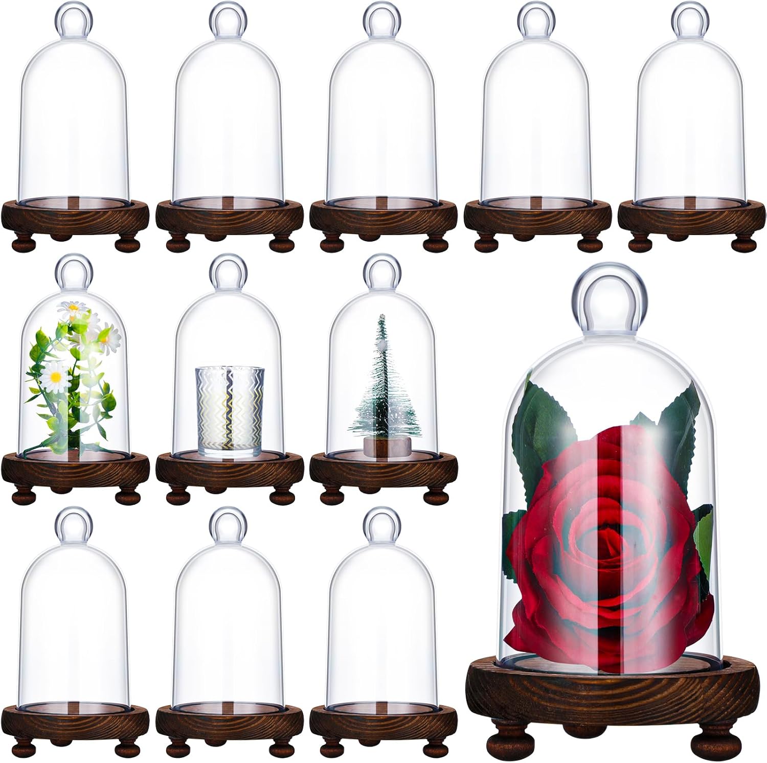 12 Pcs Plastic Dome Cloche Display Case Bell Jar with Wood Base Plastic Cloche Bell Shape Clear Dome 4.9 x 3.2 Inch for Craft Collectibles Display Rose Office Home Tabletop Christmas Gift