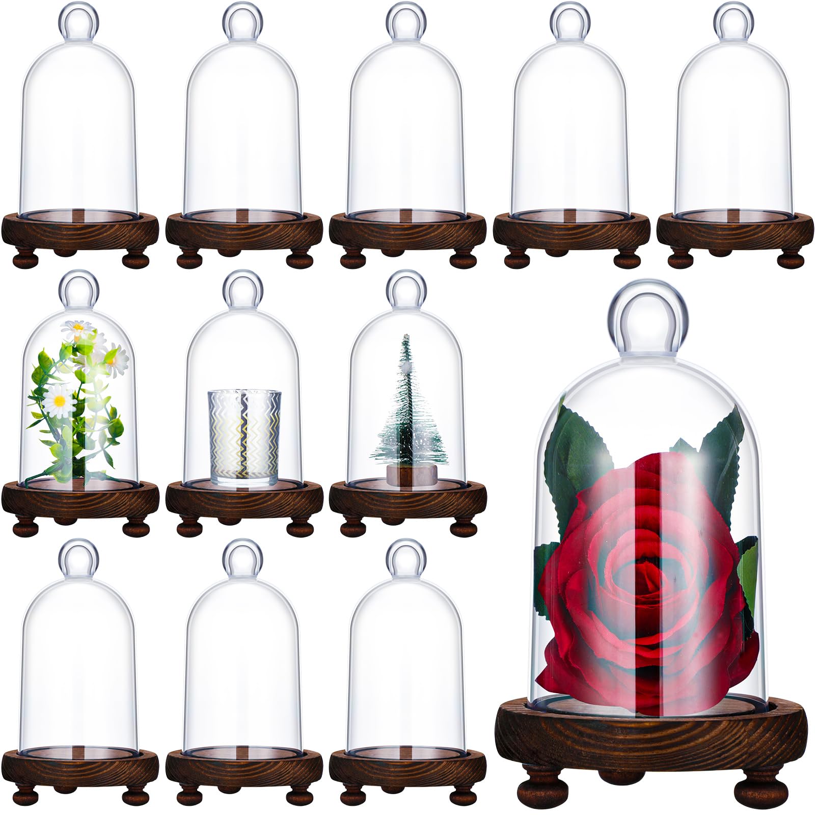 Cinnvoice 12 Pcs Plastic Dome Cloche Display Case Bell Jar with Wood Base Plastic Cloche Bell Shape Clear Dome 4.9 x 3.2 Inch for Craft Collectibles Rose Office Home Tabletop Christmas Gift