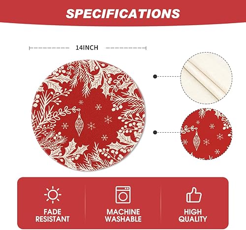 Miniatura 6 de Artoid Mode Juego de 4 manteles individuales de Navidad con hojas de eucalipto, bayas y bayas de 15 pulgadas, manteles redondos de invierno para