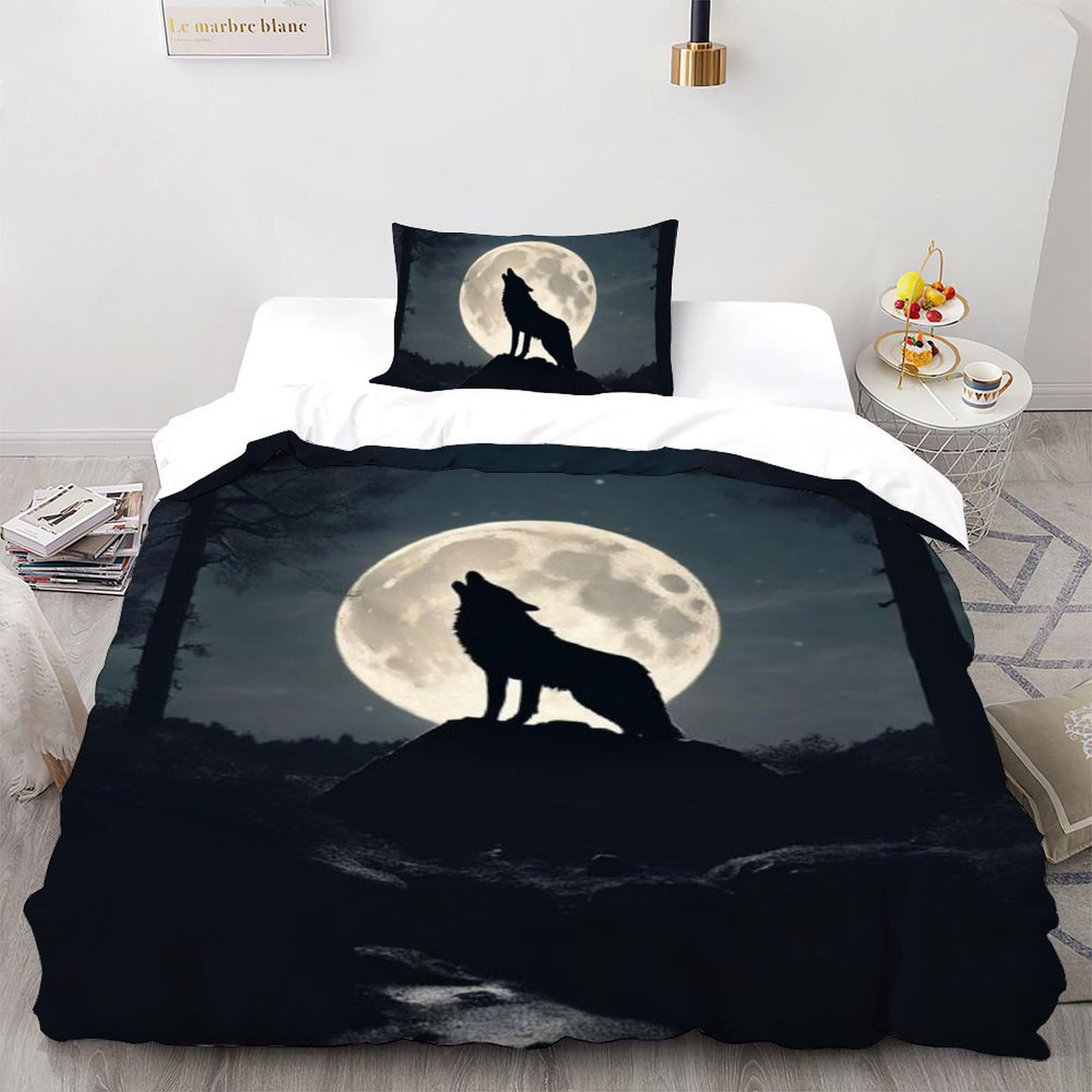 Housse de couette loup 135x200cm lit enfant avec fermeture éclair parure de lit animaux lune