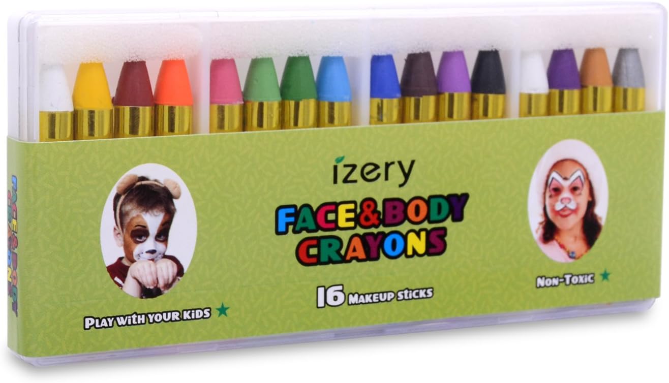 Face Paint and Makeup Crayons, Kids Washable Coloring Markers. 16 Colors Safe & Non-Toxic Facepainting Sticks, Washable Face Paint Crayon Kit for Halloween, Parties, Festivals, Christmas Children Gift