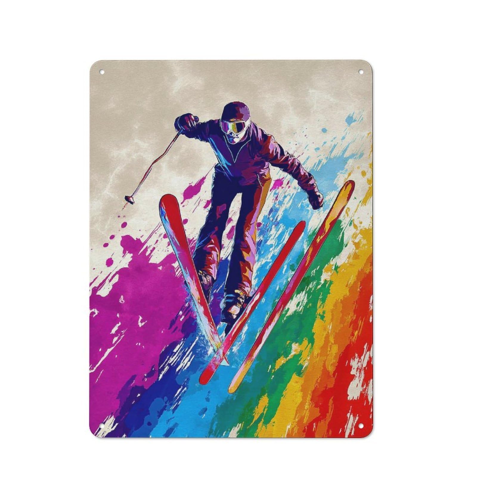 Junmoney Colorful Skiing Adventure Tin Wall Plaque 40X30cm With For Workshop Wall, Suited To Makers And Diy Enthusiasts