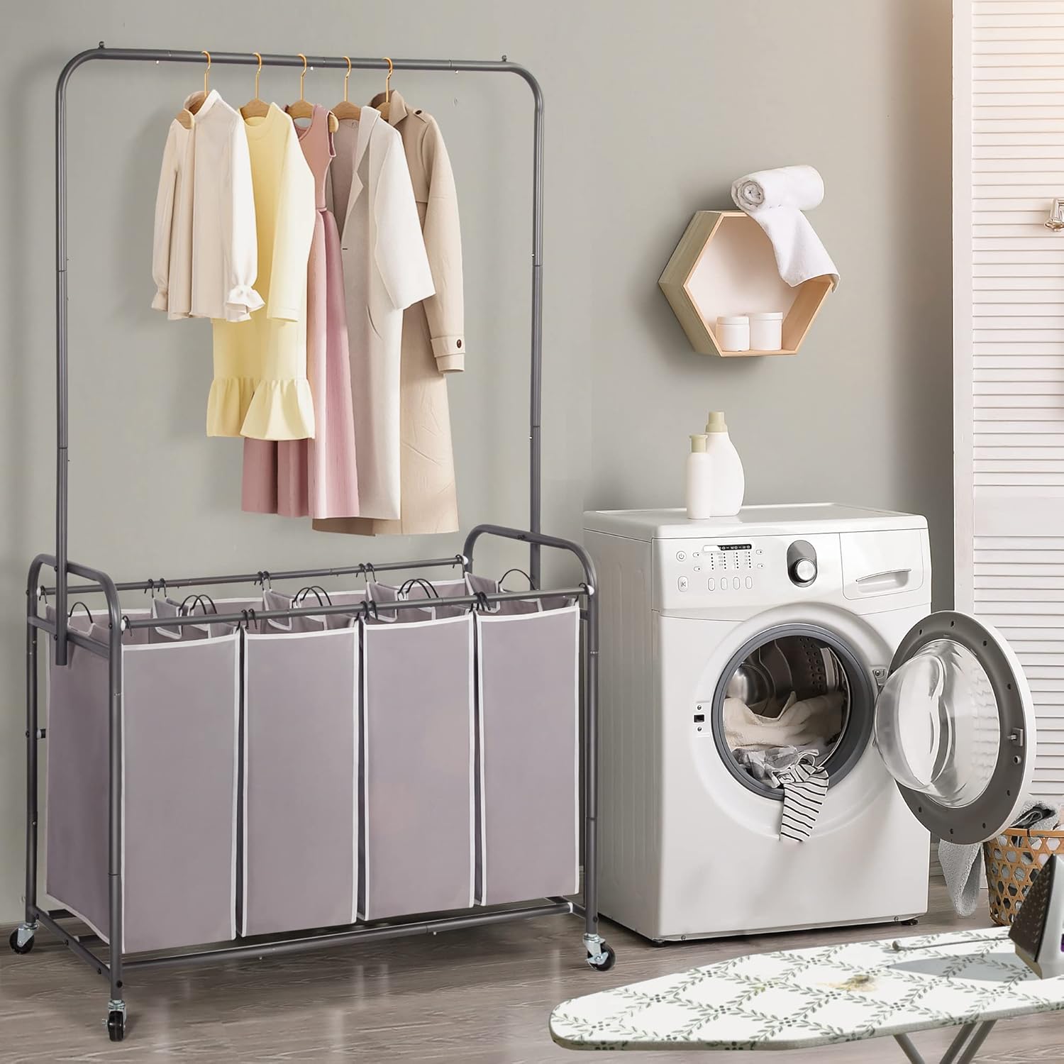 STO STO Laundry Sorter 4 Section with Hanging Bar, 4 Bag Laundry Hamper with Hanging Rod, Laundry Basket with Heavy Duty Lockable Wheels and Removable Bag for Clothes Storage, Gray
