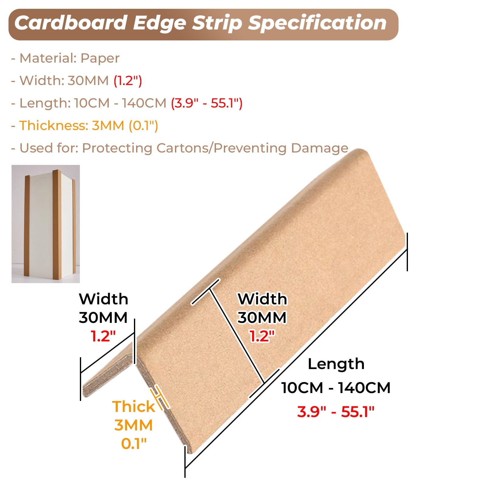 protection d'angle en carton Paquet De 100 Protections De Bord De Boîte D'expédition, Protections De Bordure En Carton De 3 Cm De Large, Bandes De Coins De Palette Renforcées De 140 120 90 30 10 Cm De