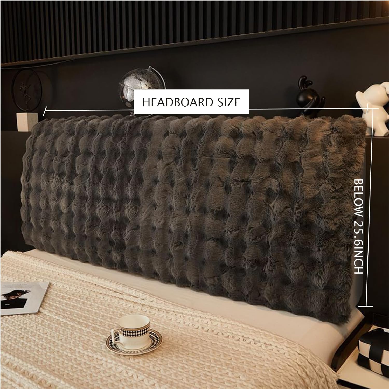 CAMZ Faux Rabbit Fur Bed Headboard Cover Queen King Full Plush Headboard Slipcover Warm Headboard Dustproof Protector Cover Bedroom Decor (Black,King:200cm/78.7inch)