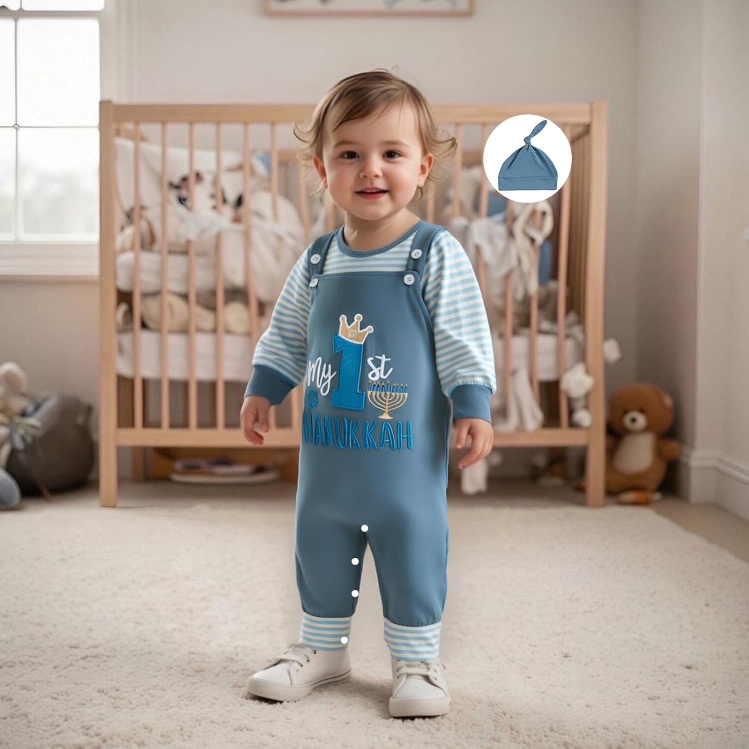 My 1st Hanukkah Newborn Baby Boy Clothes Striped Long Sleeve Romper Letter Embroidery Overalls Pants Set Fall Outfit