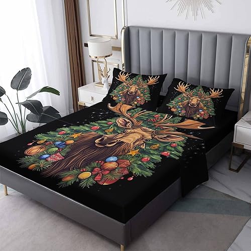 Sábanas de ciervo tamaño Queen  Sábanas y fundas de almohada para árbol de Navidad  100% microfibra, estampado de alta cantidad de hilos, sábana