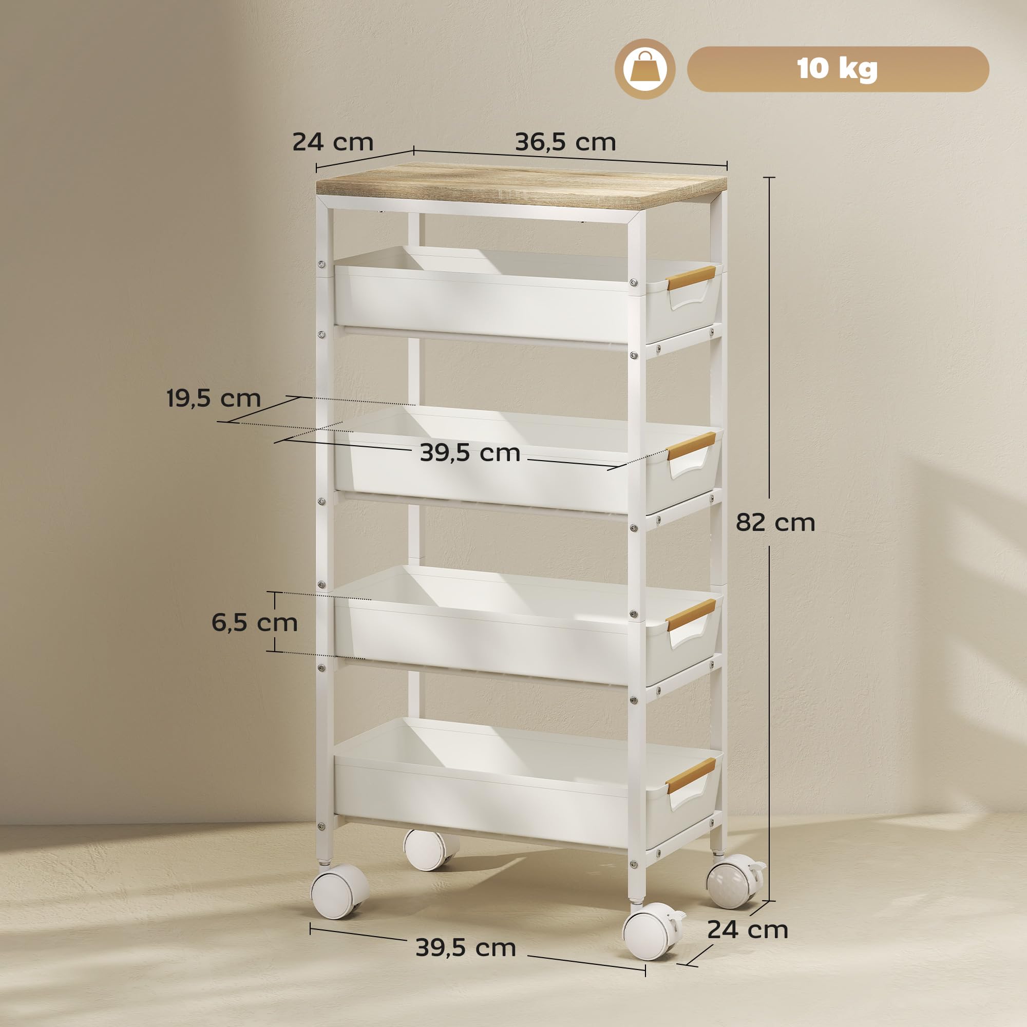HOMCOM Desserte Cuisine 5 Niveaux, Chariot de Service, Chariot de Rangement à roulettes avec 4 tiroirs coulissants, étagère de Rangement, pour Salon, Cuisine, Salle à Manger, Salle de Bain, Blanc