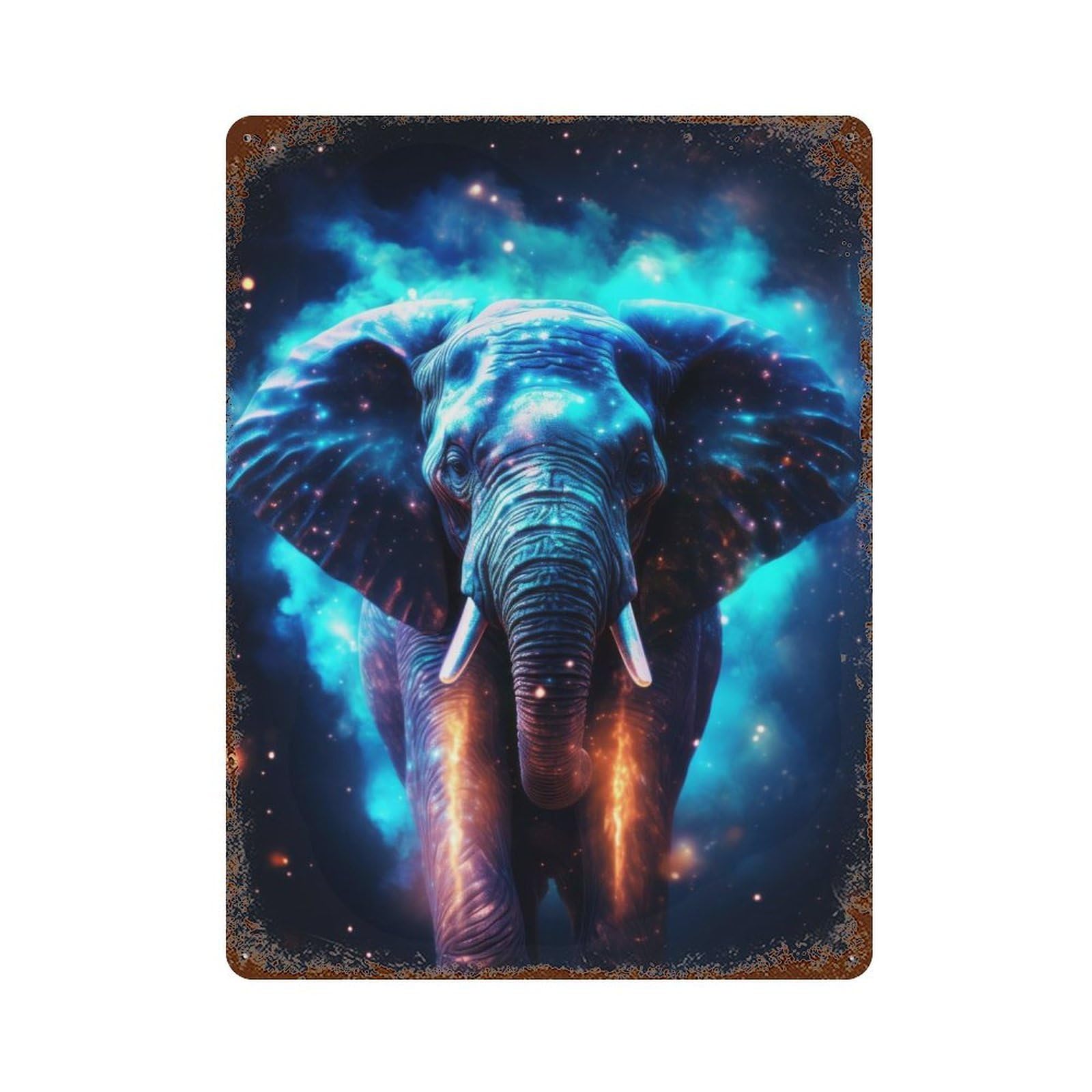 Neon Cyan Elephant Nebulae Aged Metal Wall Plaque 15.7"x11.8", for Living Room, Hallway And Home Decor, Shabby Chic Decor