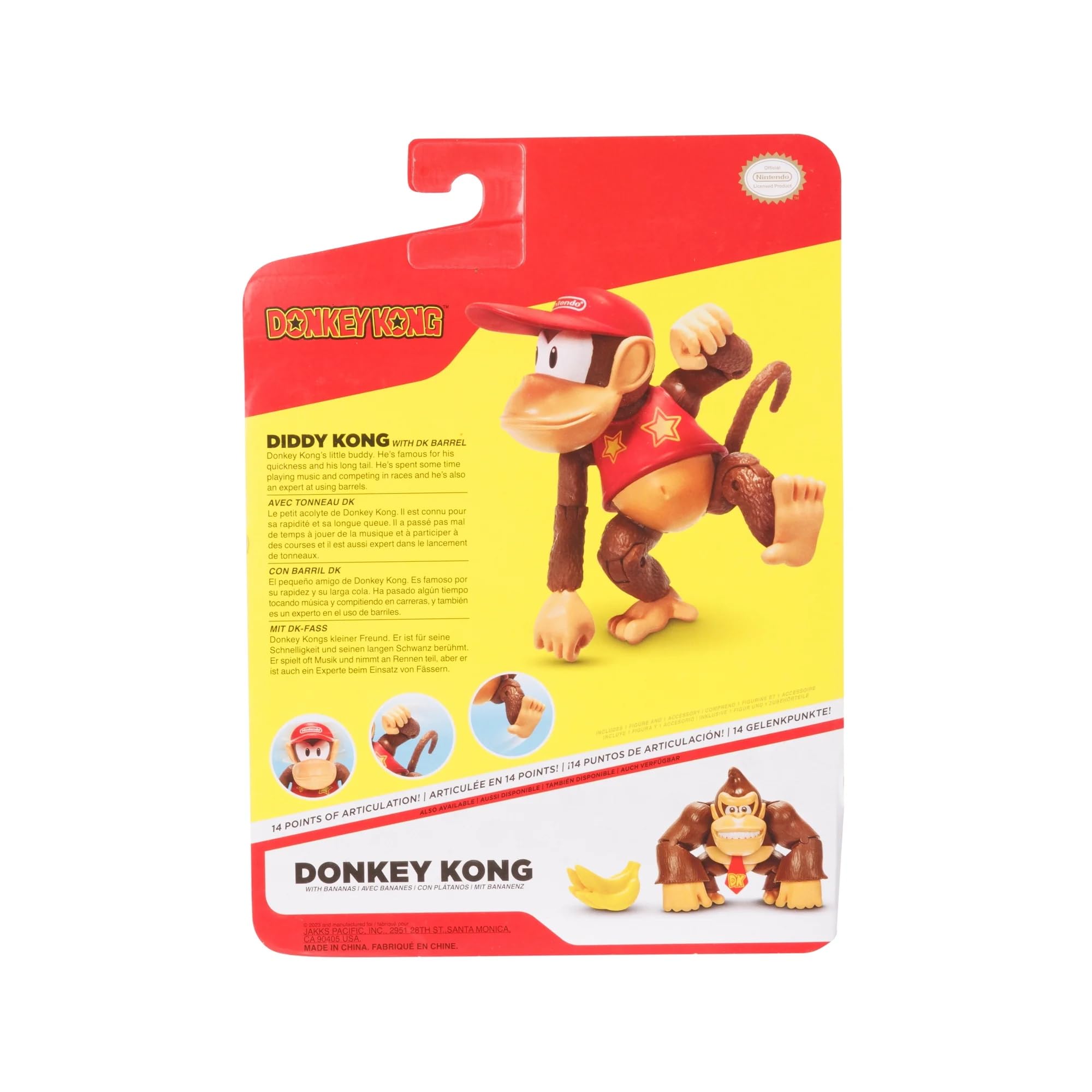 Nintendo World of Super Mario 2023 - Figura d'azione Donkey Kong da 10 cm con banane (Diddy Kong con il barile di DK)