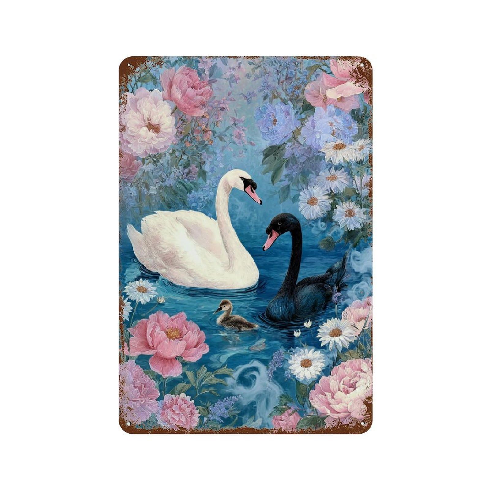 Swan Family with Flowers Vintage Wall Sign 11.8"x7.9", Rust Effect Metal Decor for Garage, Bar And Workshop Decor