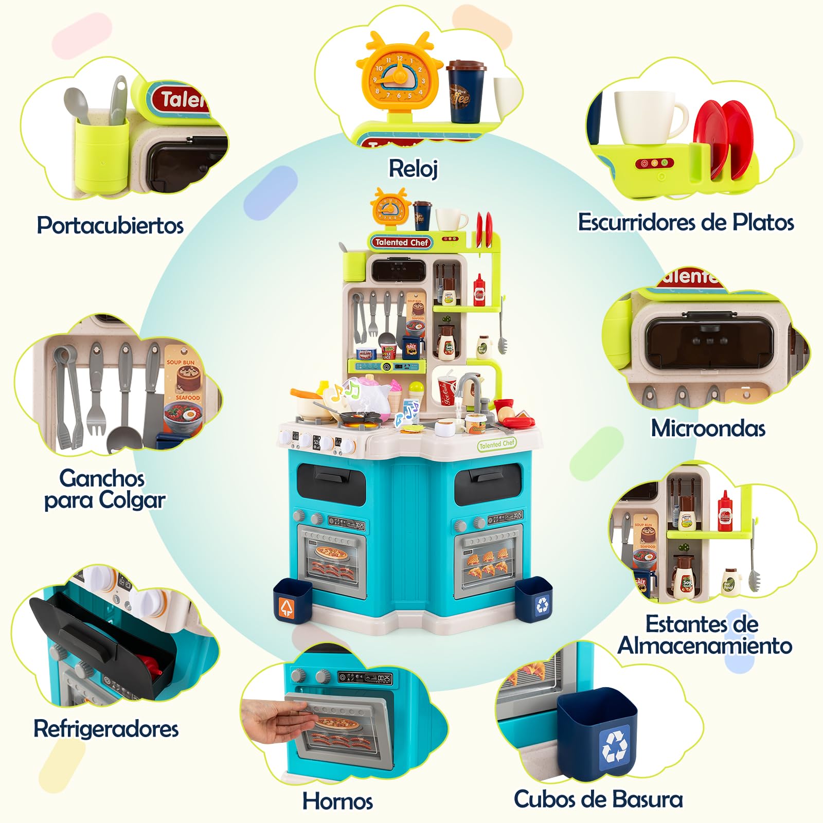 GOPLUS Cocina de Juguete para Niños, Cocinita Infantil con Sonidos y Luces, Fogón a Vapor Realista, Fregadero con Circulación de Agua, 75 Accesorios, Juego de Imitación para Niños de 3+ Años (Azul)