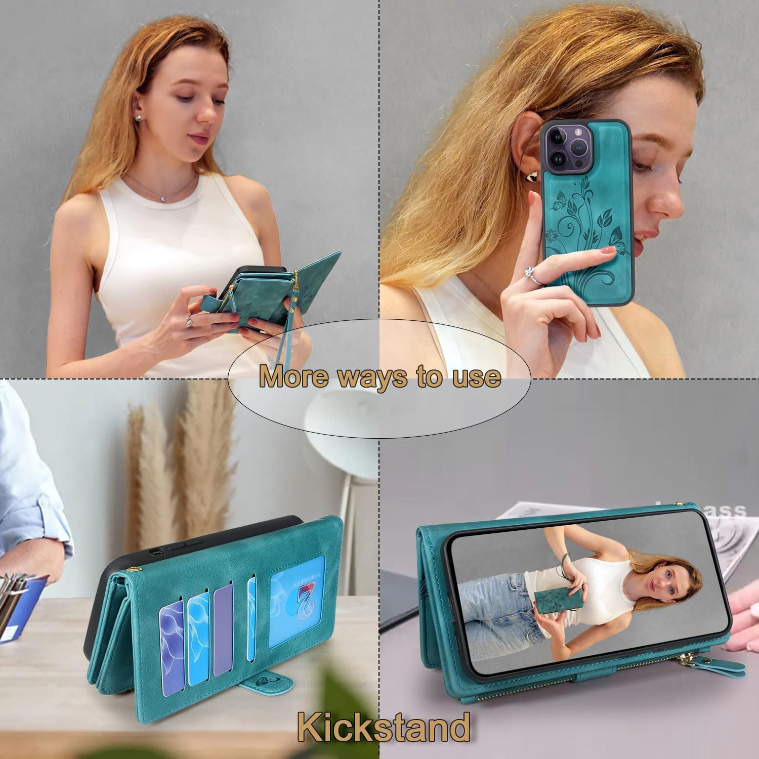 Lacass Compatible with iPhone 14 Pro Max 6.7 inch Case [ Card Slots] ID Credit Cash Holder Zipper Pocket Detachable Magnet Leather Wallet Cover with Wrist Strap Lanyard(Floral Blue Green)
