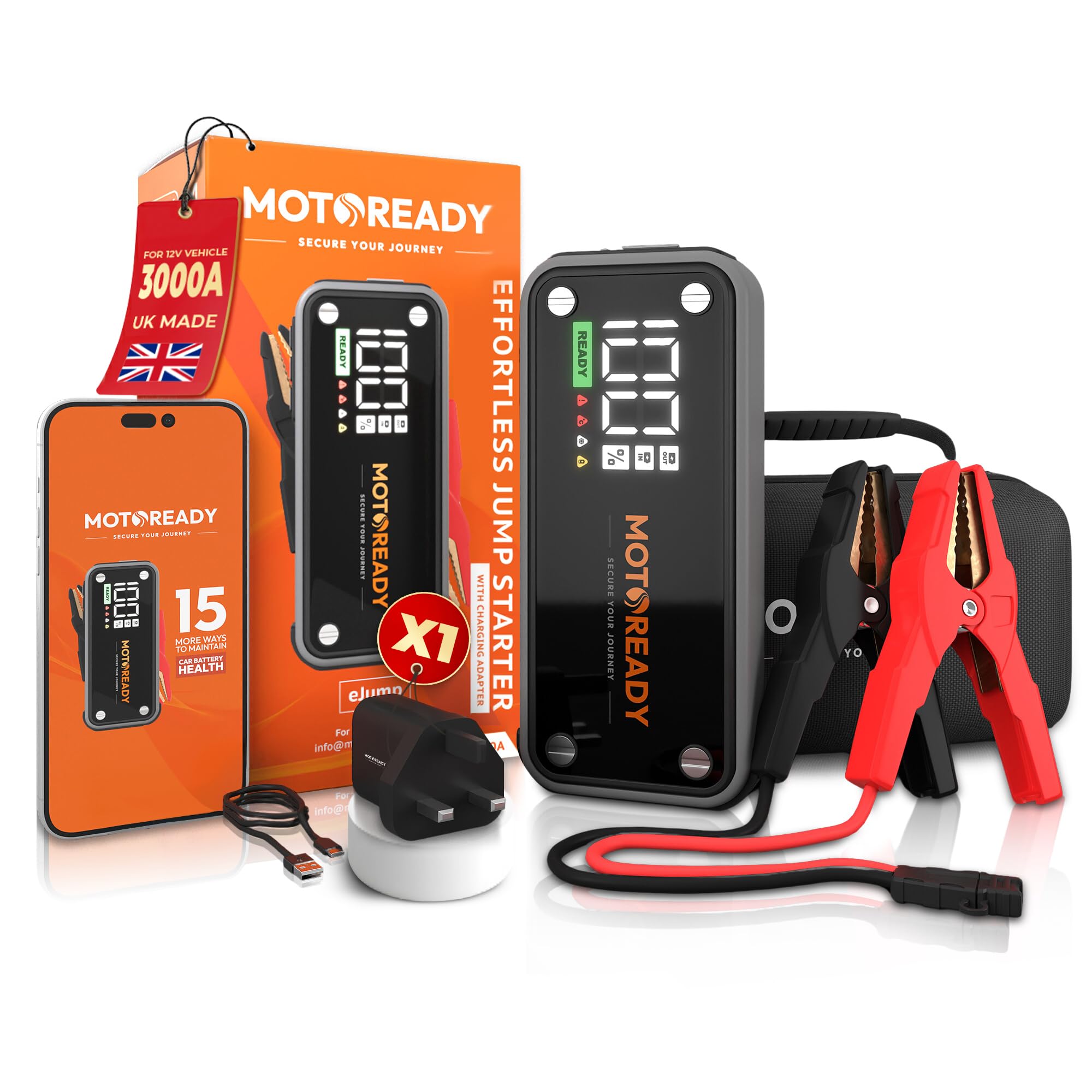 Motoready - Avviatore di emergenza per auto, portatile, 3000 A, batteria per auto (fino a 8,0 l di gas e diesel 12 V), cavi di avviamento lunghi, 2 batterie USB per ricarica rapida, adattatore per