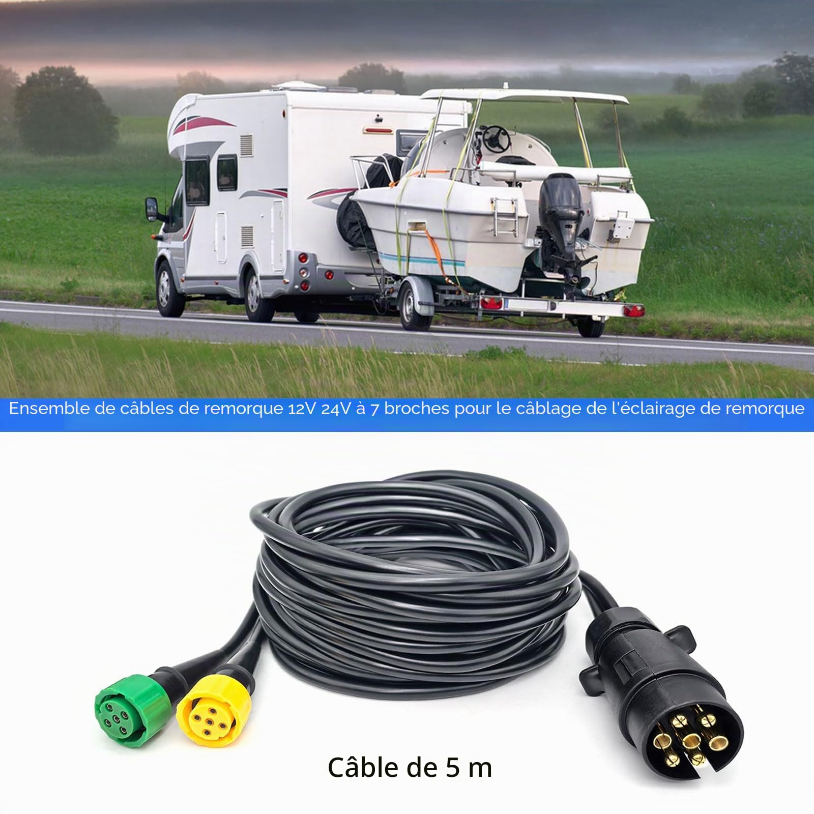 5M Kit Faisceau Prise de Remorque à 7 Broches vers Double Prise à Baïonnette à 5 Broches pour Feux de Remorque à 7 Pin - 12V 24V Universel - Brancher et Jouer