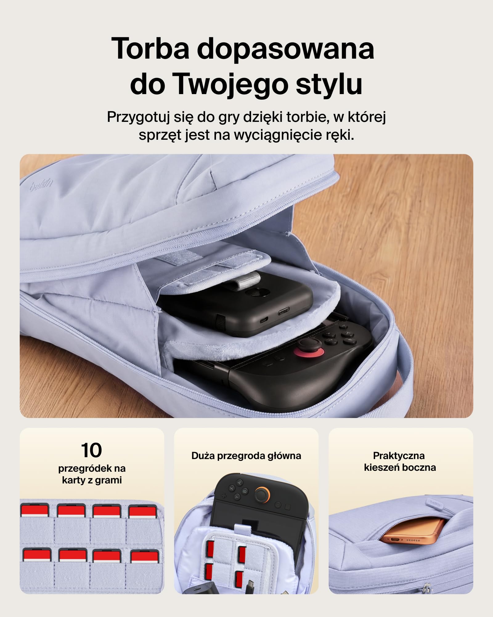 Belkin Gaming Ochronna Torba Podróżna do Nintendo Switch 2 – Fioletowa | Torba na Ramię, Torba Podróżna na Akcesoria do Konsoli, Miękka Wyściółka, Lekka Konstrukcja, 10 Przegródek na Karty z Grami