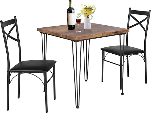 VECELO Juego de mesa de cocina y cojín de poliuretano de 3 piezas de estilo industrial moderno para espacios pequeños, 2, marrón retro