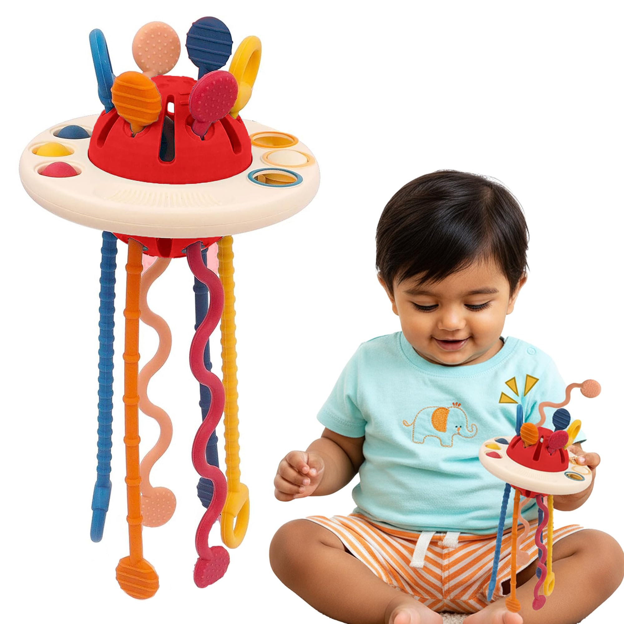 Kidology Montessori Teething Toy Set for Toddlers – Food-Grade Pull String, Perfect for 6+ Months Babies, Boys & Girls, Learning & Skills Development Toys, Travel-Friendly (UFO, Red)-image-38