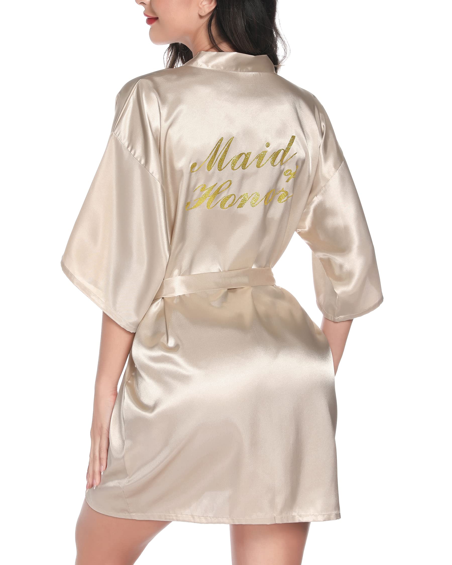 Vlazom Morgenmantel für Hochzeit Satin Kimono Badmantel für Braut&Brautjungfern Damen Robe mit Gürtel V Ausschnitt Morgenmantel für Hochzeit Party Pool Party und Pajama Party