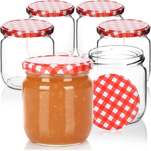 COM-FOUR® 6x Jars with red/white chequered screw lids - Storage jars for jam or vegetables - TO Ø 82 mm - up to 425 ml