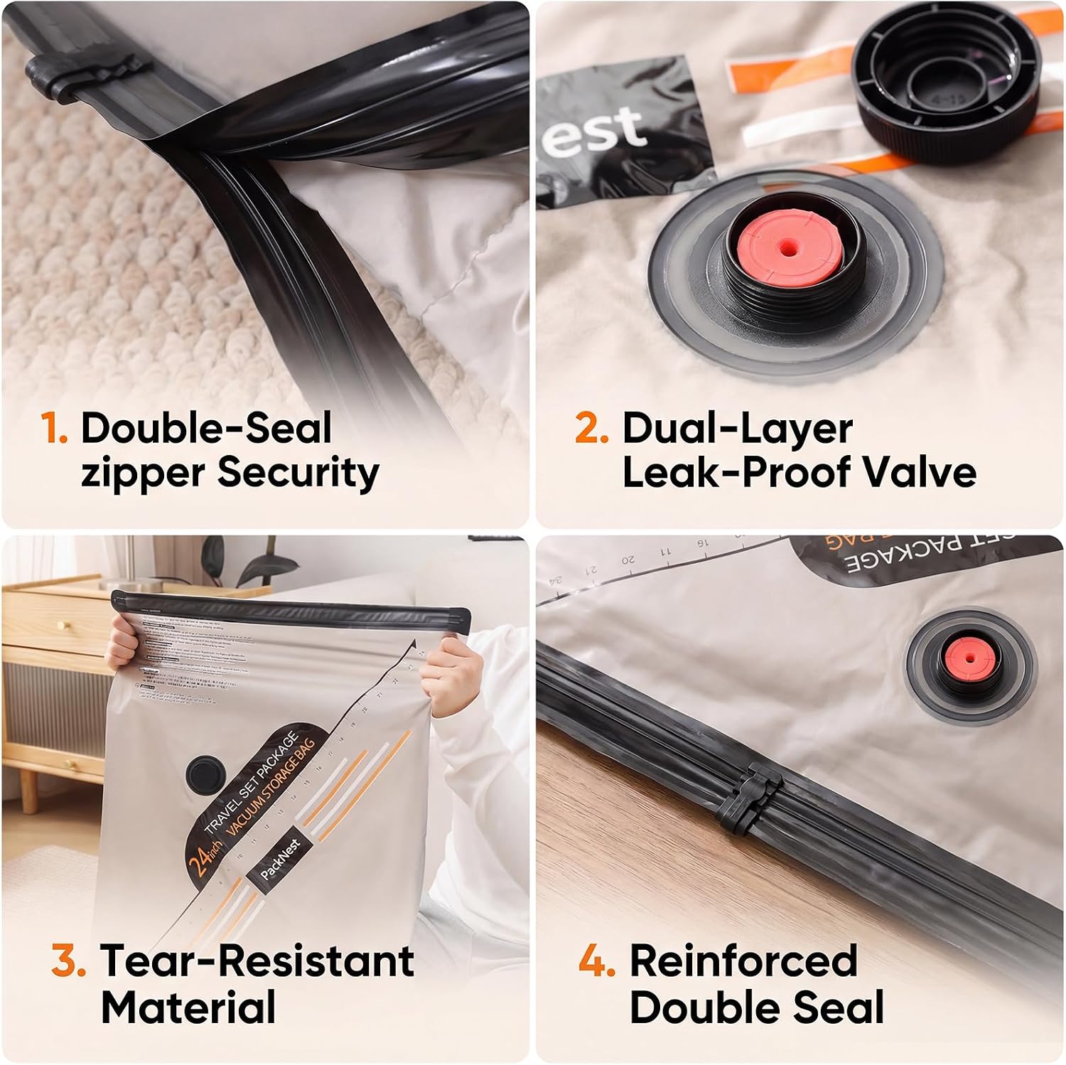 Vacuum Storage Bags for Travel with Rechargeable Air Pump, 18 Pack Space Saver Compression Bags, 20/24/28 Inch Vacuum Seal Bags for Clothes, Luggage, Suitcase, Closet and Home Storage