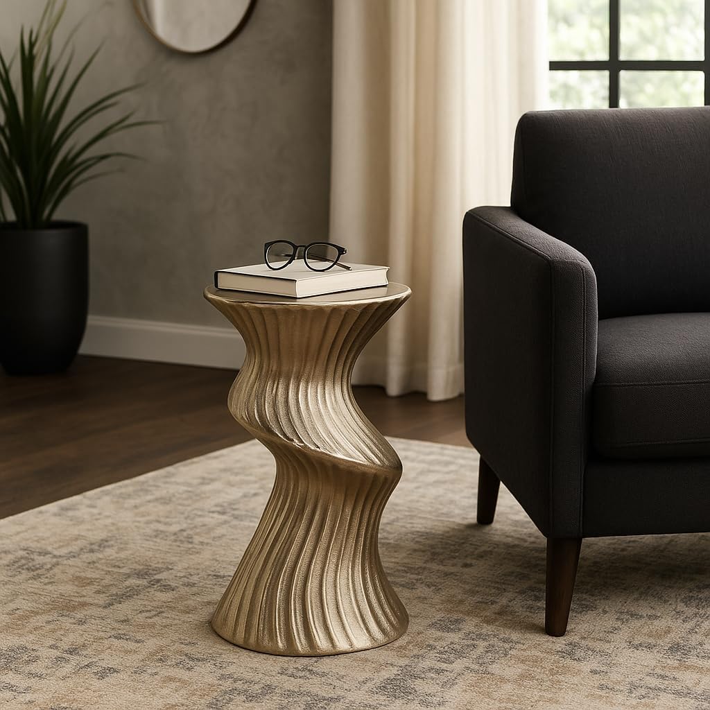 Room Decor End Table, Side Table, or Small Night Stand - Artistic Twisted Marble Top Bedside Table for Home, Bedroom, and Living Room Decor - A Swirl of Modern Style for Big or Small Spaces - 22" Gold