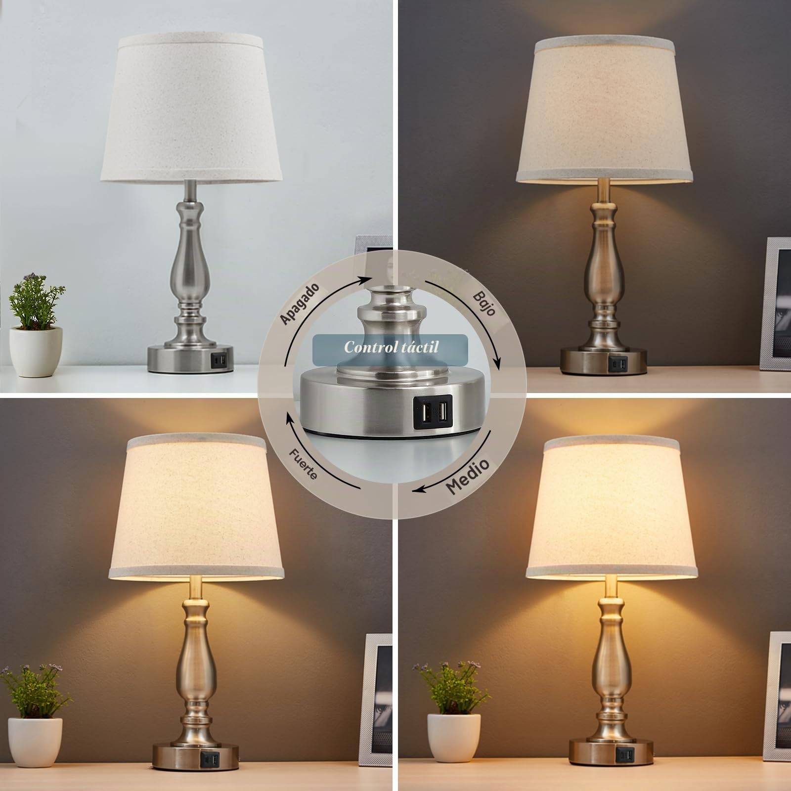 GyroVu Lámpara de Mesa Juego de 2, lámparas de mesita de noche táctiles con puertos USB C+A, lámparas de mesita de noche regulables en 3 intensidades para mesitas auxiliares, mesitas de noche