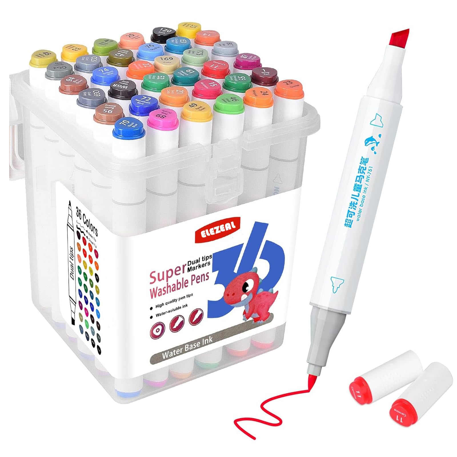 Elezeal 36 Assorted Colours Dual Tip Super Washable Colouring Pens Kit for Kids Premium Felt Tip Pens That Can Easily Wash Off Skin & Clothing | Ideal for Kids Aged 3+