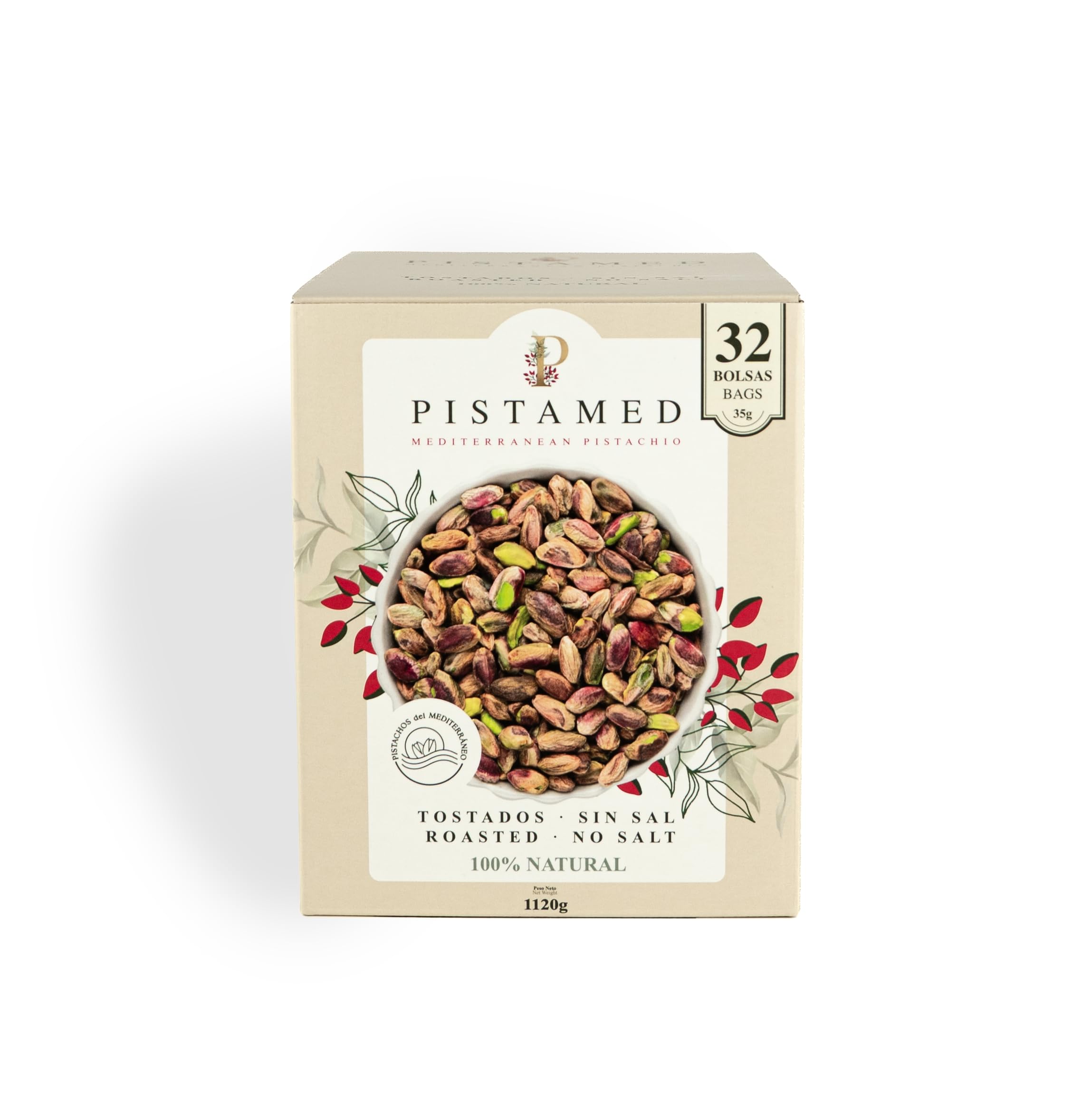 PISTAMED - Pistaches Décortiquées Sans Sel Grillées Artisanalement - Riches en Fibres - Végan et Sans Gluten - Pack 32 x 35 g Portions Individuelles - Origine Espagne - Snack Naturel à Partager