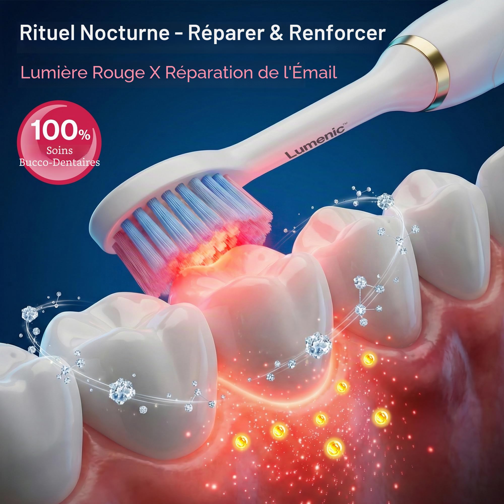 Brosse à dents DermRays Lumenic, système Dual-Light & 3D-Oscillo, lumière rouge & bleue LED, 4 modes, rechargeable USB, dentifrices Jour & Nuit, Or